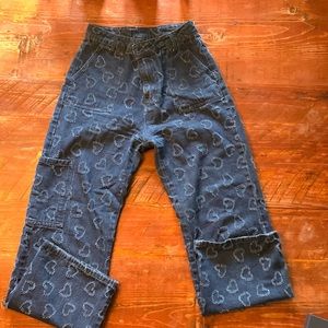 Wide leg high rise heart print carpenter jeans